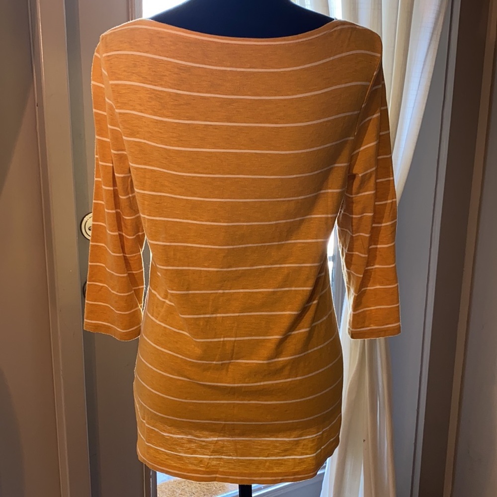 a.n.a yellow gold & white striped womens shirt 3/4 length sleeves Size Medium - Picture 3 of 6